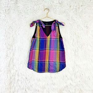 Ann Taylor Women's Plaid Sleeveless Blouse Bow tie V-Neck Size S Petites